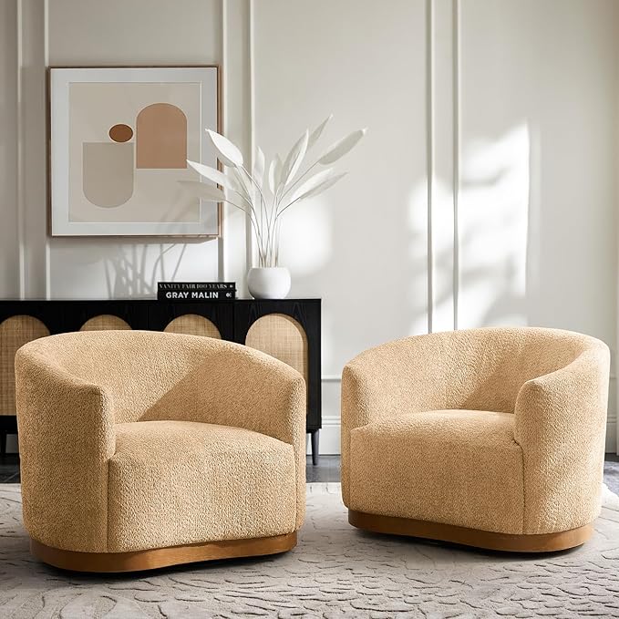 HULALA HOME Chenille Swivel Accent Chairs Set of 2 Fully Assembled Comfy Upholstery Barrel Armchair with Sturdy Solid Wood Base Camel
