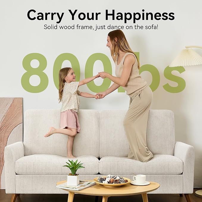 68 Loveseat Sofa Comfy White Corduroy Couches for Living Room Mid Century Modern Love Seat Sofa Tool-Free Setup Small Couches for Bedroom Office