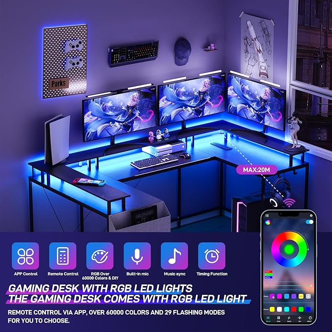 U Shaped Computer Gaming Desk 79’’ Reversible l Shaped Computer Desk with Power Outlet &amp LED Strip Office Desk with Monitor Stand Large Corner Desk with Storage Bag for Bedroom Office Black