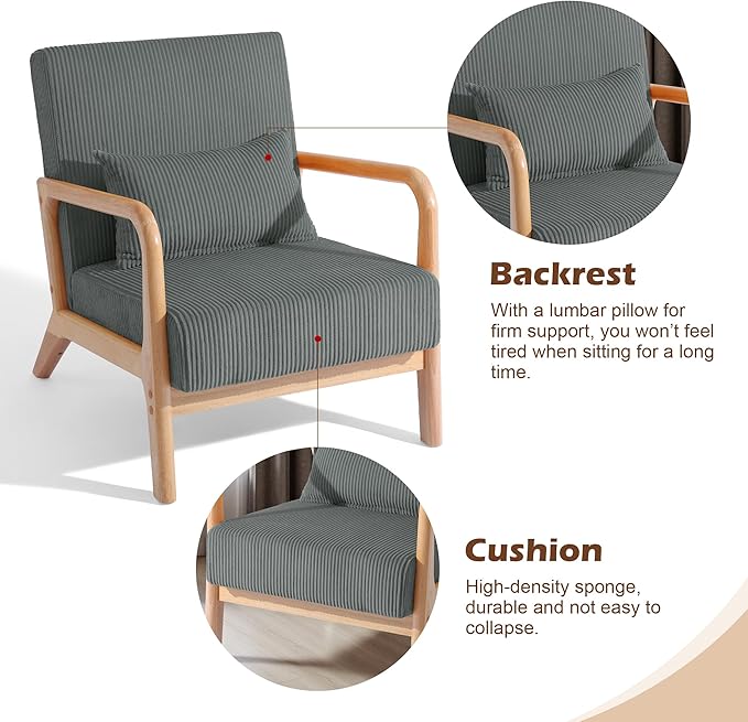 UIXE Accent Chairs Set of 2 Corduroy Upholstered Armchair for Living Room Modern Arm Chair Comfy Single Sofa Bedroom Reading Seat with Lumbar Pillow - Gray