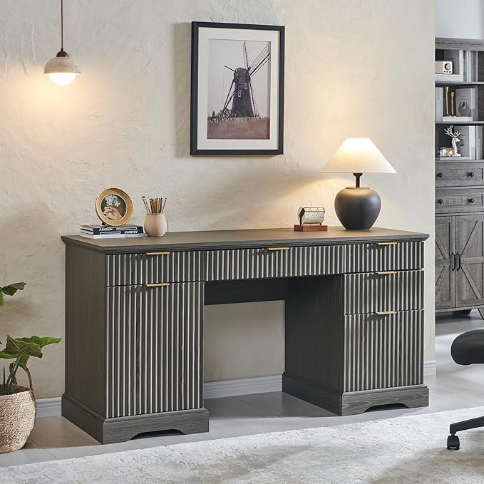 JXQTLINGMU Modern Executive Desk with Storage Wood Home Office Desk with Drawer &amp Cabinet Fluted Computer Writing Desk for Study Living Room Bedroom