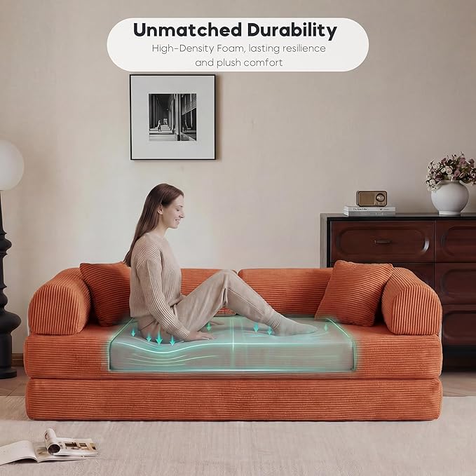 79 Convertible Sleeper Sofa Bed Modern Corduroy Floor Couch Bed with Fixed-Shape Frame Modular Sofa Couch with Pull Out Bed Boneless Loveseat Sleeper Couches for Living Room Orange