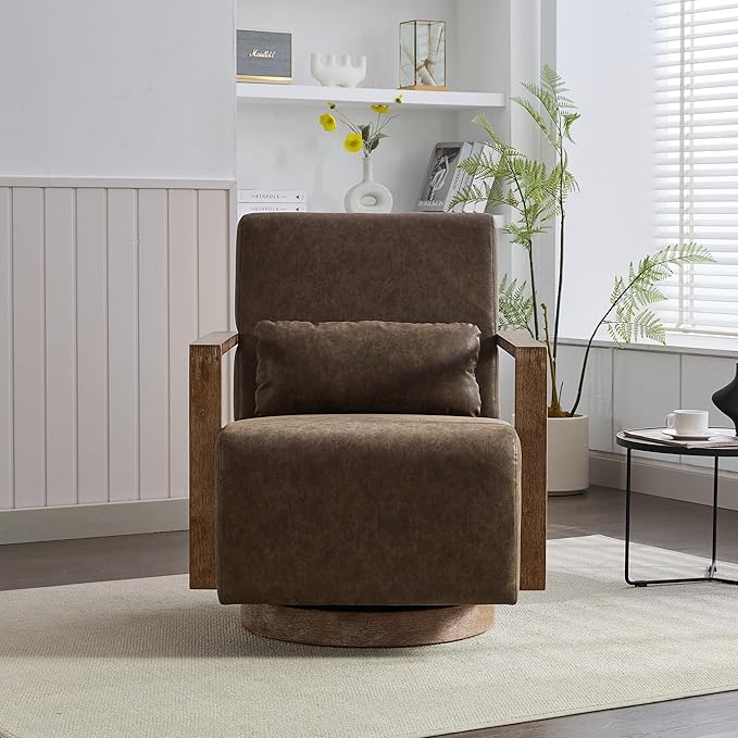 30.5 W Swivel Modern PU Upholstered Accent Chair with Solid Wood Armrests Comfy Lounge Reading Chair Side Armchair for Hotel Bedroom Living Room Office Nursery Room (PU Coffee)