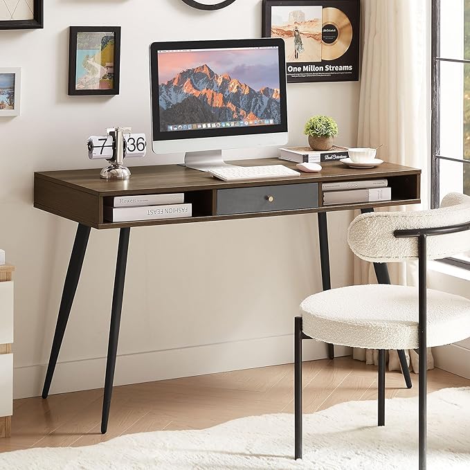 Mid-Century Modern Desk with USB Ports &amp Power Outlet – Ergonomic Home Office Workstation Study Writing Desk with Storage Drawers Multifunctional Computer Desk (Walnut)