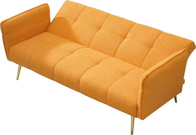 Convertible Sofa Bed Futon Couch Bed with Adjustable Arms and Backrest Modern Love Sofa with Gold Metal Legs for Living Room Bedroom (Teddy Fabric in Yellow 70.1 Wx31.1 Dx31.5 H)