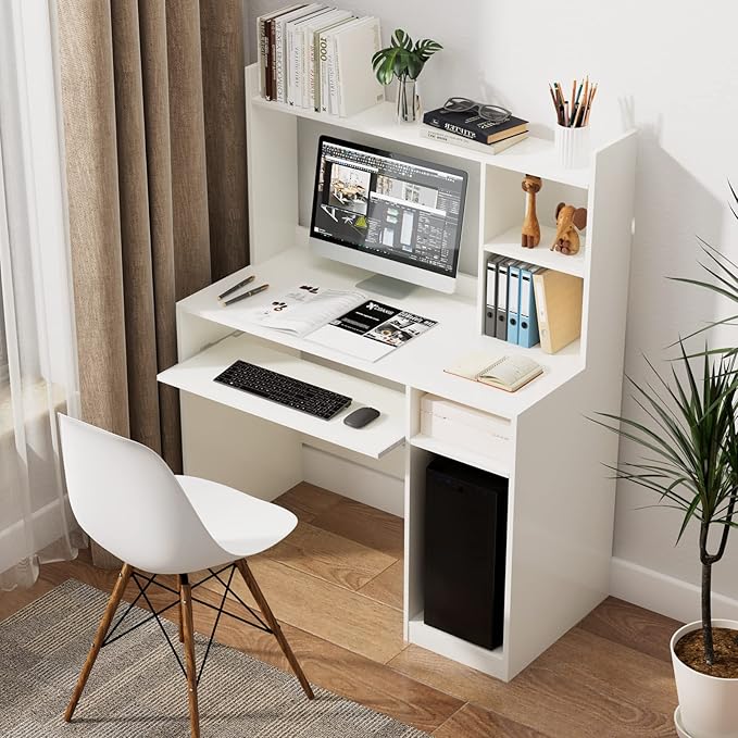 Home Office Desk w/Hutch Gaming Table Workstation w/Keyboard Tray CPU Stand &amp Bookshelf Modern &amp Space-Saving Writing Desk for Dorm Bedroom White