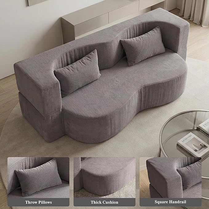 78.35 Loveseat Sofa Bed Modern 2-in-1 Convertible Curved Floor Love Seat Couch Teddy Fabric Memory Foam Cloud Couch with 2 Pillows No Assembly for Living Room Apartment Small Space (Grey)