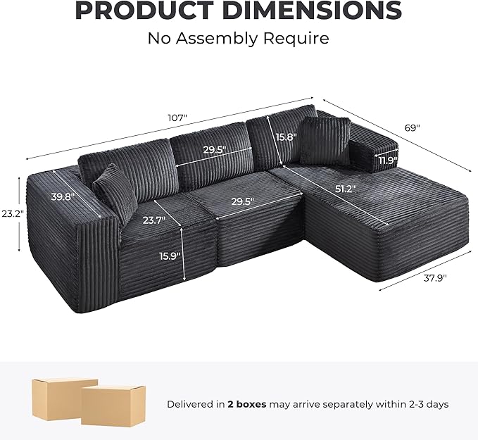 L-Shaped Boneless Modular Sectional Sofa 107 Modern Corduroy Upholstery Couch with Chaise for Living Room 3-Seater Cloud Couches with Deep Seat No Assembly Right Facing Chaise Dark Grey