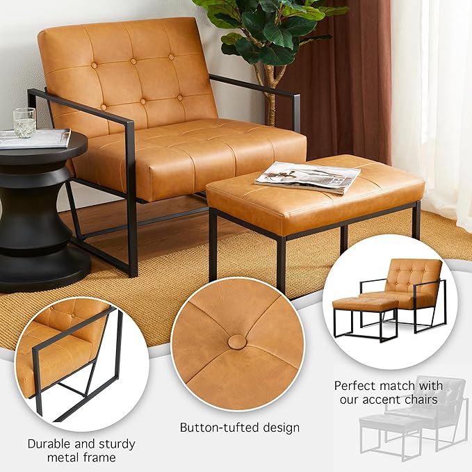 Glitzhome Accent Chairs with Ottoman Mid Century Modern Lounge Armchair with footrest with PU Leather &amp Metal Frame for Living Room Bedroom Apartment Office Light Brown