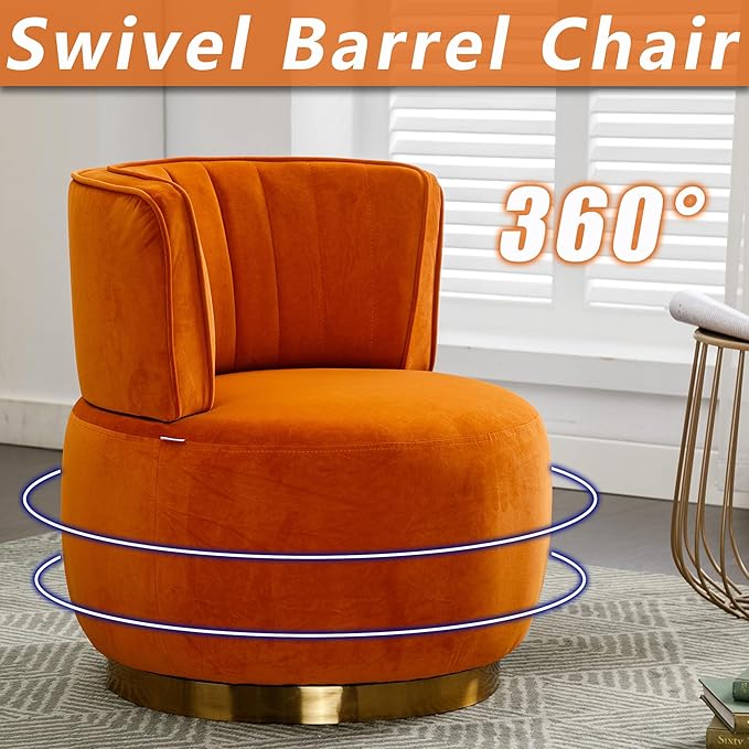 Small Barrel Chair Swivel Barrel Chair with Thicken Backrest Round Accent Chair for Living Room Bedroom Office Comfortable Velvet Fabric Soft High-Density Foam Padding (Orange)