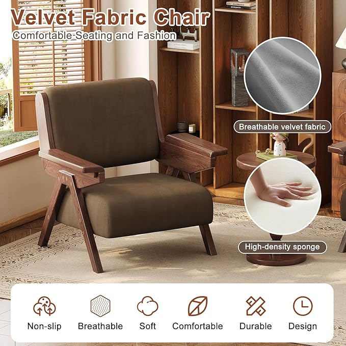 Accent Chair Mid Century Modern Chair Velvet Upholstered Lounge Arm Chair with Solid Wood Cozy Reading Chair for Living Room Bedroom Balcony (Coffee Single Chair)