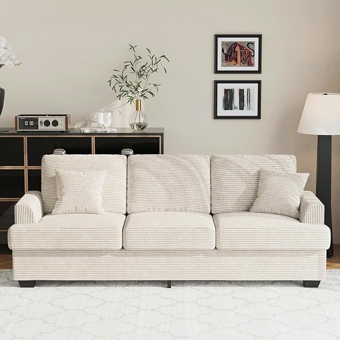 IDEALHOUSE Modern 86 Corduroy Sofa with 2 Throw Pillows Deep Seat Couch with Upholstered Cushion &amp Removable CoverComfy Corduroy Sofa Couch for Small Space Apartment Lounge Beige