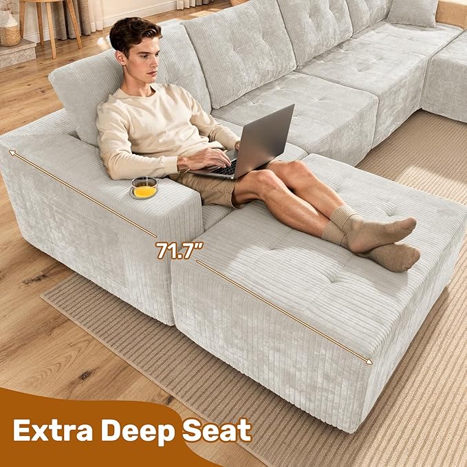 143 Modular Sectional Sofa for Living Room Convertible U-Shape Couch with Ottoman 6 Seater Modular Sectional SofaBeige Corduroy