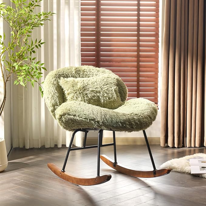 VINGLI 25.6 Extra Wide Nursery 115° Armless Rocking Chair Curved Cute Cross-Legged Glider Chair with Pillow &amp Solid Wood Nursing Chair for Bedroom Living Room Fluffy Fleece Grass Green