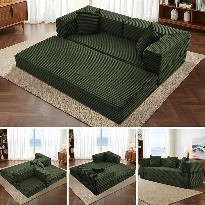5-in-1 Folding Convertible Sofa Bed 78 Inch Corduroy Boneless Couch Loveseat Sleeper with Pull Out Bed Floor Sofa Modular Futon Couch for Living Room Small Place No AssemblyLight Green