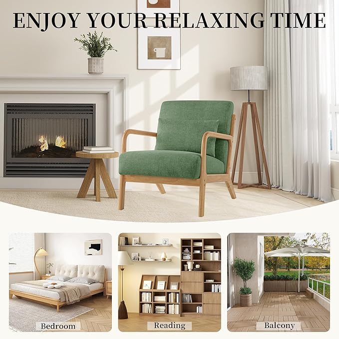 Accent Chair with Pillow Upholstered Mid Century Chair Living Room Chair Comfy Reading Chair with Thick Cushion Solid Wood Frame Armchair for Small Space Bedroom Balcony Green Set of 2