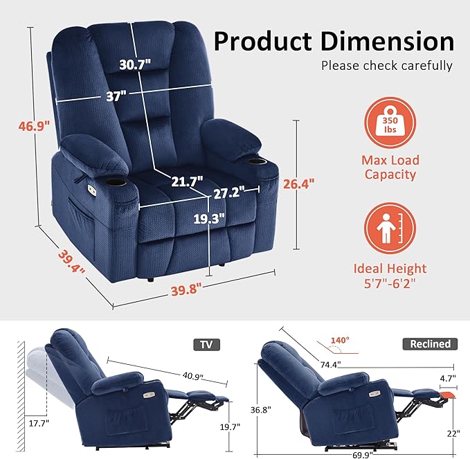 MCombo Oversized Power Lift Recliner Chair with Massage and Heat for Big and Tall Elderly People Cup Holders USB Ports Side Pockets Fabric R7541 (Navy Blue Large-Oversize)