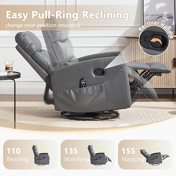 cinkehome Small Swivel Rocker Recliner Chair with Heated Massage Upholstered Nursery Glider Recliner Chair High Back Side Pocket (Grey PU Leather)
