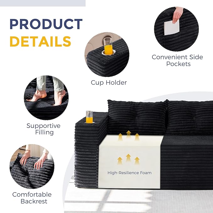 MAXYOYO 63 Boneless Loveseat Sofa Couch 2-Seater Floor Loveseat for Small Space with Cup Holders Corded Couch with Pillows Floor Sofa for Apartment &amp Lounge No Assembly Required Black
