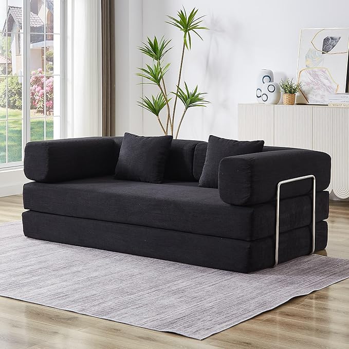 Convertible Sleeper Sofa Bed with All High-density Foam No Assembly Foldable Sleeper Couch Folding Floor Boneless Mattress Lounge Couch for Living Room Bedroom Apartment Office Orange All Foam