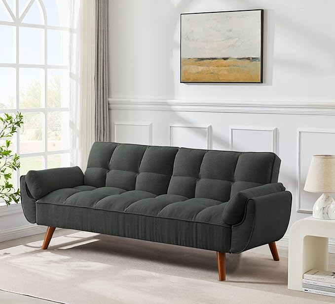 Convertible Futon Sofa Bed Modern Futon Couch with 2 Pillows Small Futons Couch with Adjustable Armrest &amp Backrest Loveseat Sofa Bed for Living Room Bedroom Deep Gray