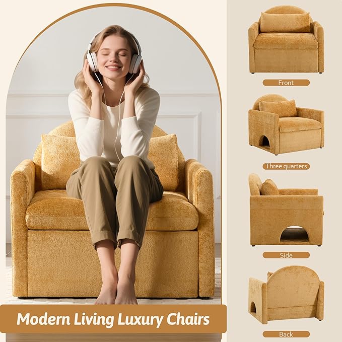 Oversized Modern Accent Chair Armchair with Cat House 36.2 W Living Room Chairs Single Sofa Chair Mid-Century Upholstered Accent Solid Wood Legs Bedroom Yellow