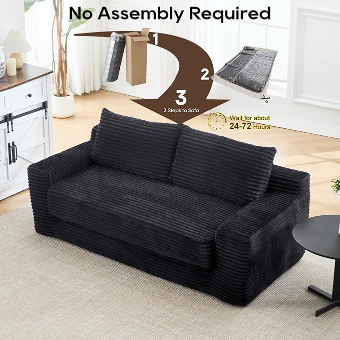 GNIXUU 71 Corduroy Cloud Loveseat Sofa 2 in 1 Convertible Sleeper Sofa with Fixed-Shape Frame Comfy Folding Boneless Love Seat Couches for Living Room Apartment Small Spaces Drak Grey