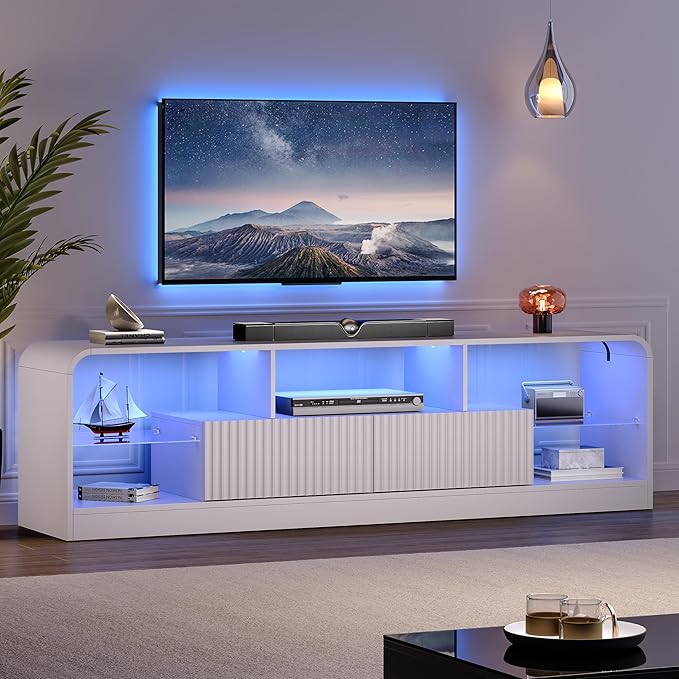 TV Stand for 60/65/70 Inch TVs Modern Curved TV Console with LED Lights 2 Drawers &amp Glass Shelves Living Room Entertainment Center