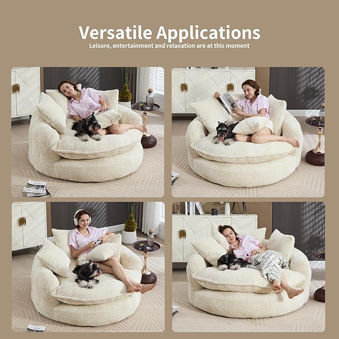 55 inch Oversized Round Chair Fluffy Chenille Boneless Sofa with Extra Deep Seat for Living Room Lounge (Beige)