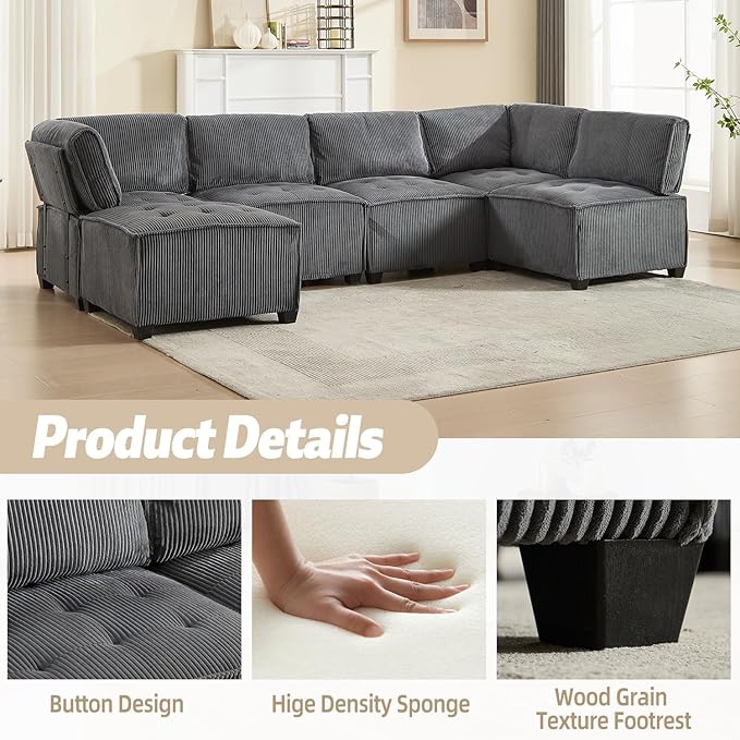 121 Inch Cloud Oversized Modular Sectional Sofa U Shaped Modular Couch with Reversible Chaise Comfy 6 Seat Convertible Sectional Sofa with Ottoman for Living Room Dark Grey
