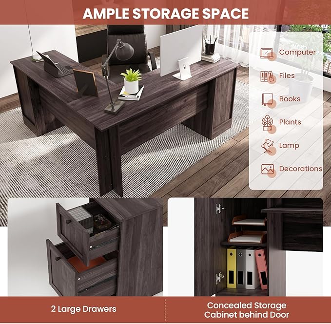 Nightcore L-Shaped Desk Home Office Desks with Keyboard Tray &amp Drawers Gaming Desk with Storage &amp Adjustable Shelf Corner Desk for Small Space Space-Saving Work Desk for Home Office (Dark