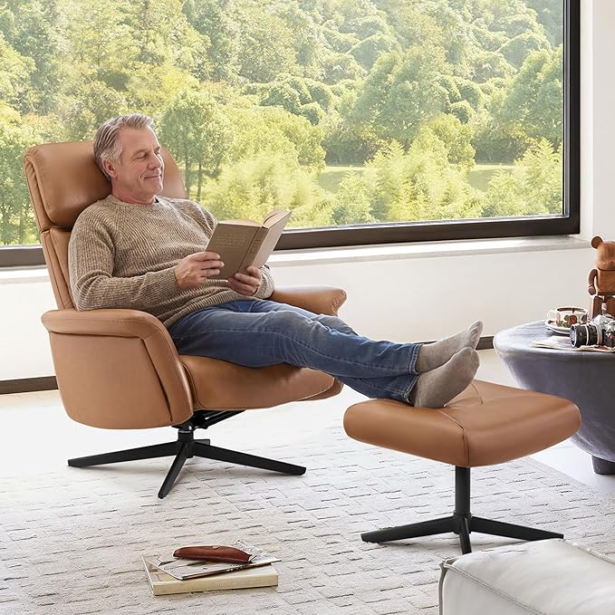CHITA Genuine Leather Self-Weight Reclining Swivel Chair with Adjustable Headrest and Ottoman for Living Room Office Saddle