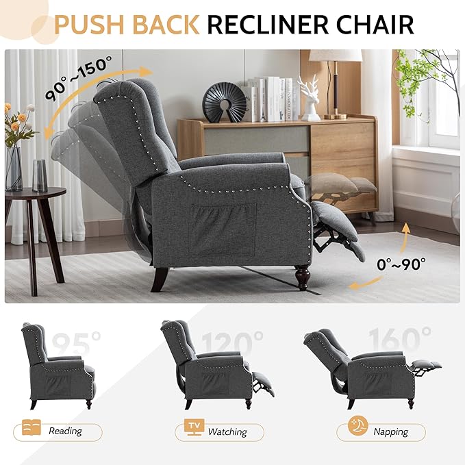 BINGTOO Push Back Recliner Chair with Massage and Heat Mid Century Tufted Fabric Wingback Chair with Rivet Decoration for Living Room Bedroom Gray 1 Chair