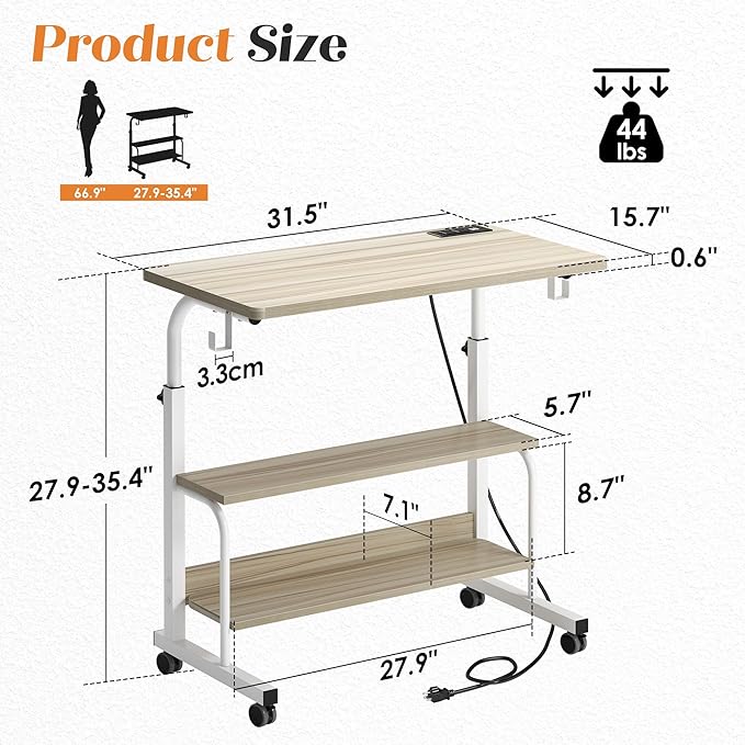 soges Height Adjustable Desk with Charging Station Mobile Computer Workstation with 2 Storage Shelves Small Rolling Desk on Wheels for Home Office Maple