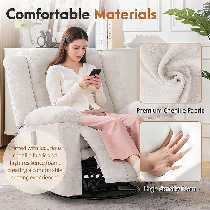 Rocker Recliner Chair for Adults 360° Swivel Rocker Recliner with Massage and Heating Nursery Rocking Chairs with Side Pockets Manual Reclining Chair for Living Room Bedroom or Nursery