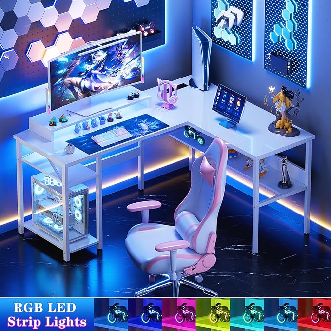 Unikito Reversible L Shaped Computer Desk with Power Outlets and Monitor Stand Sturdy Corner Desk with RGB LED Light and Storage Shelves Modern Work Desk for Home Office Easy to Assemble White