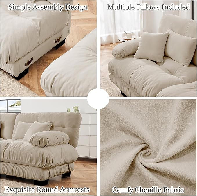 Modular Sectional Sofa 133.8 Oversized 3 Seater Sofa with 5 Pillows Deep Seat Long Sofa Chenille Comfy Soft Cloud Couch for Living Room (Light Coffee 3 Seat)
