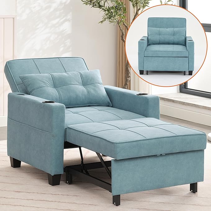 Modern Convertible Sleeper Sofa Bed 3-in-1 Adjustable Futon Couch with Storage &amp Removable Armrests for Apartment Studio Office Small Spaces (Blue)