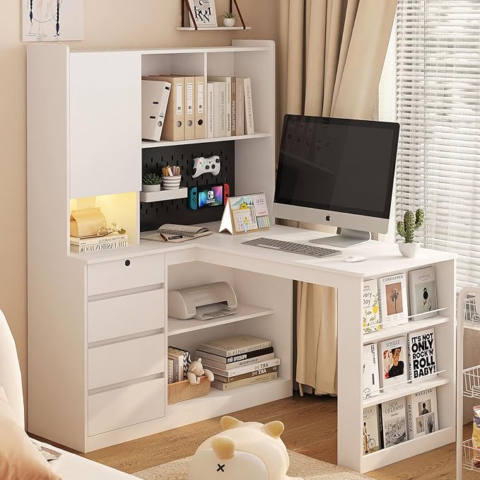 L Shaped Desk with Charger Computer Desk with Drawers Modern Corner Desk with Bookshelf Home Office Desk with Hutch Study Table Writing Desk with LED Light White