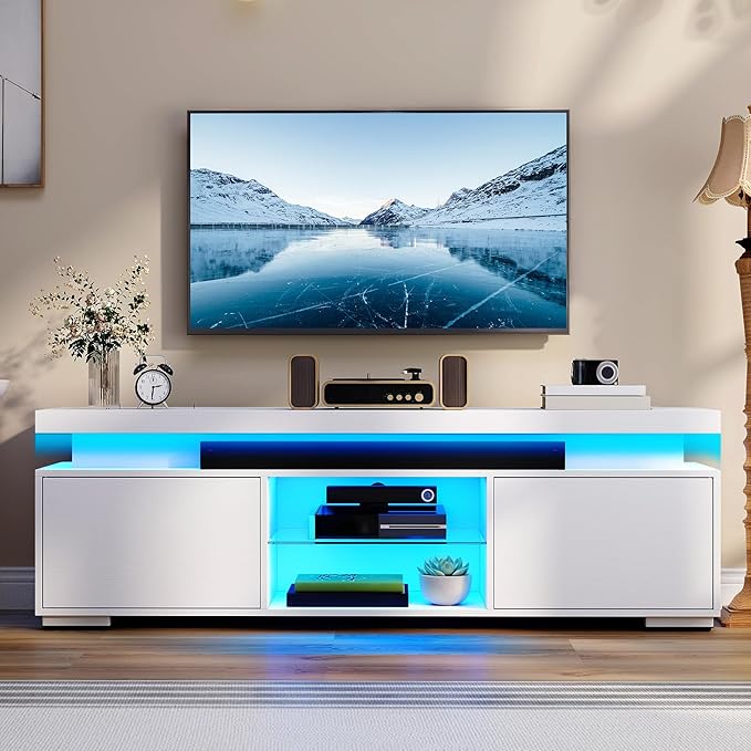 DWVO White Modern TV Stand with LED Lights and Power Outlet Modern Entertainment Center for 55/60/65 Inch Media Console Table TV Cabinet with Storage Universal TV Stand for Living RoomWhite