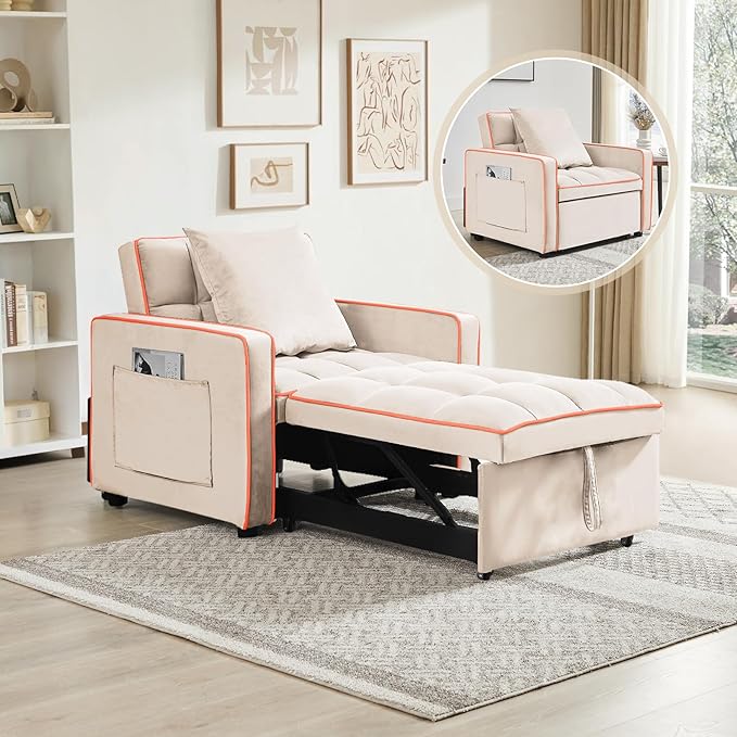 3 in 1 Velvet Sleeper Chair Pull Out Convertible Single Sofa Bed Futon Modern Tufted Chair Bed with Adjustable Backrest Pullout Sleeper Sofa Chair for Bedroom Living Room Indoor Lounge(Beige)