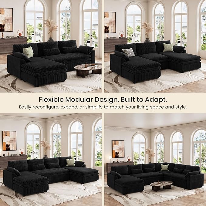 Belffin Large Modular Sectional Sofa with Double 61 Loveseat Corduroy Corner Couch with 9 Soft Dual-Layer Seats Cushion for Living Room Apartment Small Sapce Black