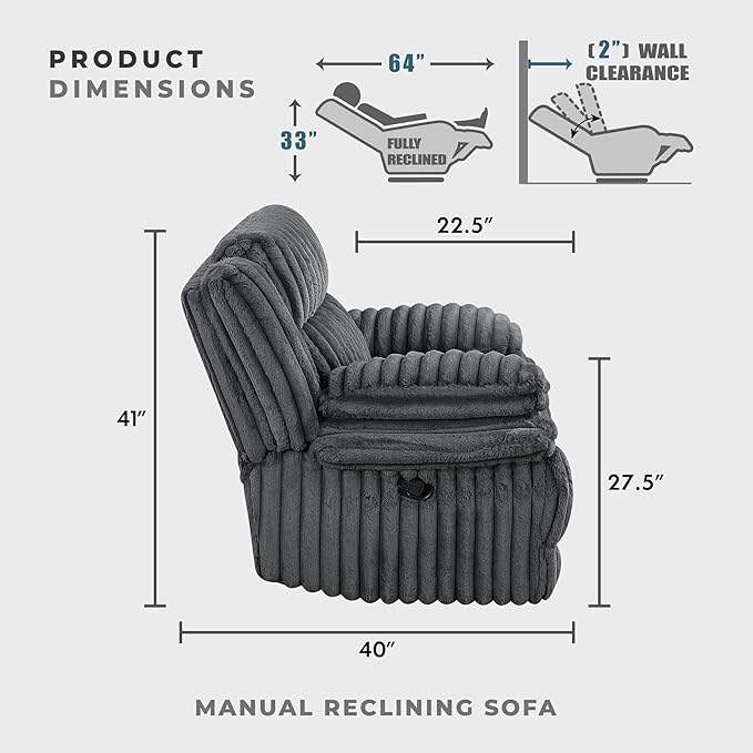 Lexicon Manual Double Reclining Sofa Corduroy Manual Wall Hugger Recliner Couch Pillow Top Arms Plush Foam Cushions Over Pocket Coils Cozy Reclining Sofa for Living Room Dark Gray