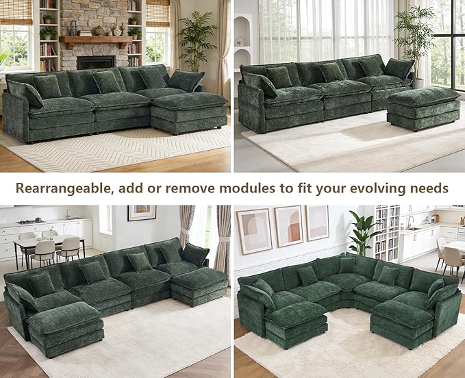 Modular Sectional Sofa Deep Seat Chenille L Shaped Couch with Throw Pillows &amp Movable Ottoman 3 Seater Comfy Cloud Sectional Couches for Living Room Bedroom Apartment Green