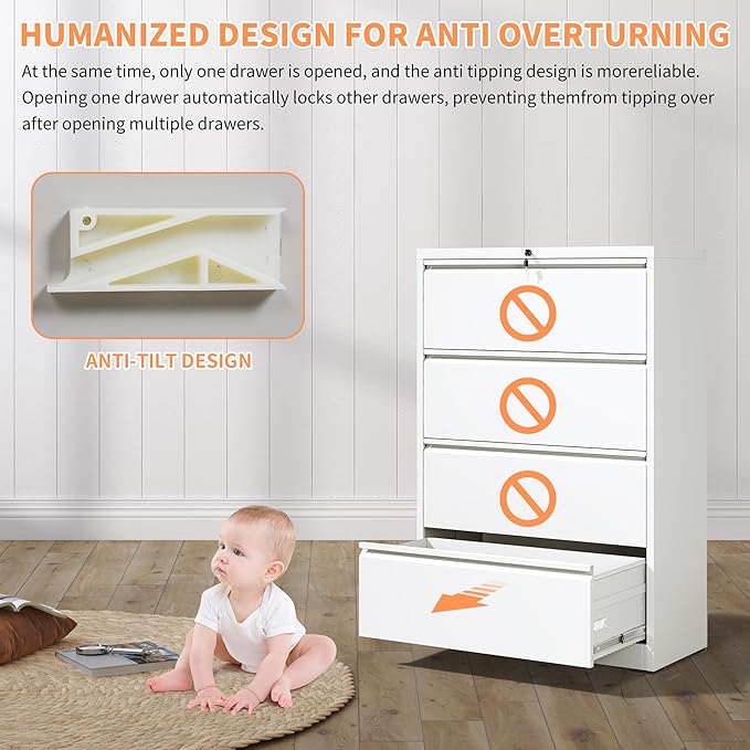 4 Drawer Small File Cabinet with Lock Locking Filing Cabinet for Home Office Under Desk Storage Cabinet Organizer with DrawersWhite