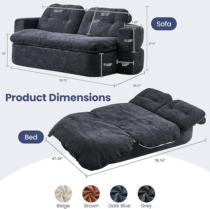 78.74 Convertible Sofa Bed Folding Loveseat Sleeper Sofa 2 in 1 Chenille Floor Couch Bed Foam Compressed Sofa with Pillows &amp Blanket for Living Room Apartment Studio Office (Grey)