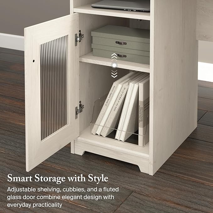 Bush Home Cabot 60W L Shaped Computer Desk with Storage in Linen White Oak 60-inch Corner Table with Drawers for Home Office Workspace