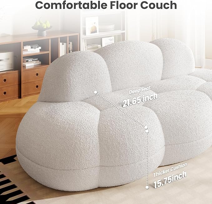 Floor Couch Modern Curved Loveseat Sofa Lazy Sofa Round Floor Sofas Cloud Memory Foam Couches for Living Room Apartment Small Spaces (No Assembly White)