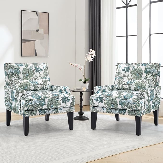 ANJ Floral Accent Chair Set of 2 with Lumbar PillowUpholstered Wingback Reading Armchair with Nailhead Trim Mid-Century Single Sofa Chair for Living Room Bedroom Green Floral