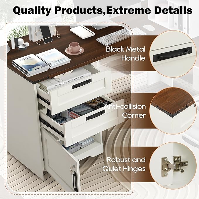 MAGIC UNION L Shaped Executive Desk with Drawers Home Office Desks with Charging Station File Drawer Lockable Adjustable Storage Cabinet Large Corner Computer Table for Work and Study (Brown)